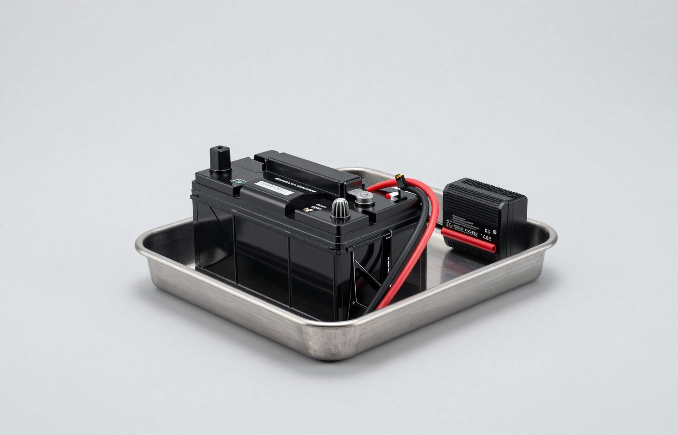 A dual battery setup for a ute: a black deep-cycle battery in a metal tray with heavy red and black cables and a small generic DC-DC charger box beside it