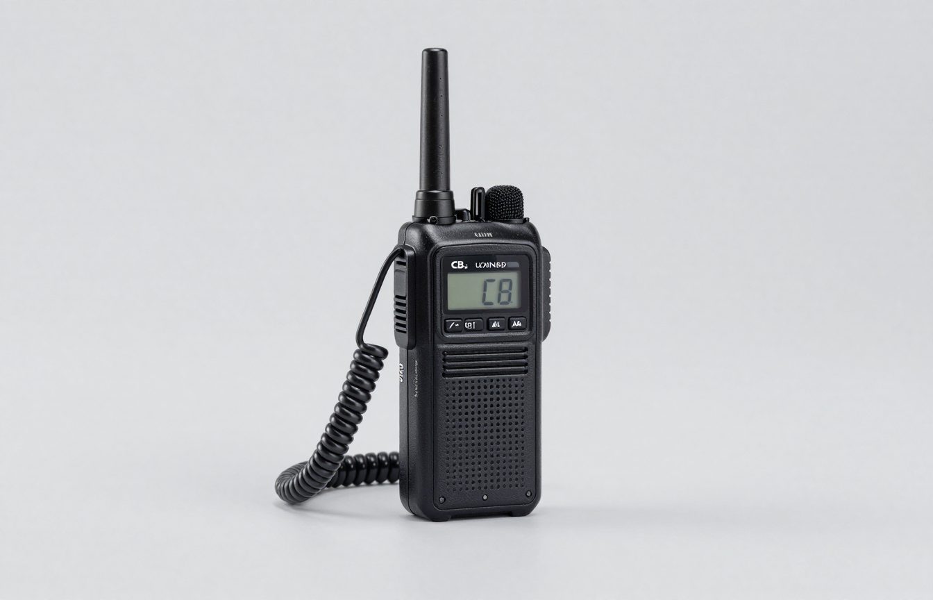 A generic black handheld UHF CB radio with a short antenna and a small digital channel display