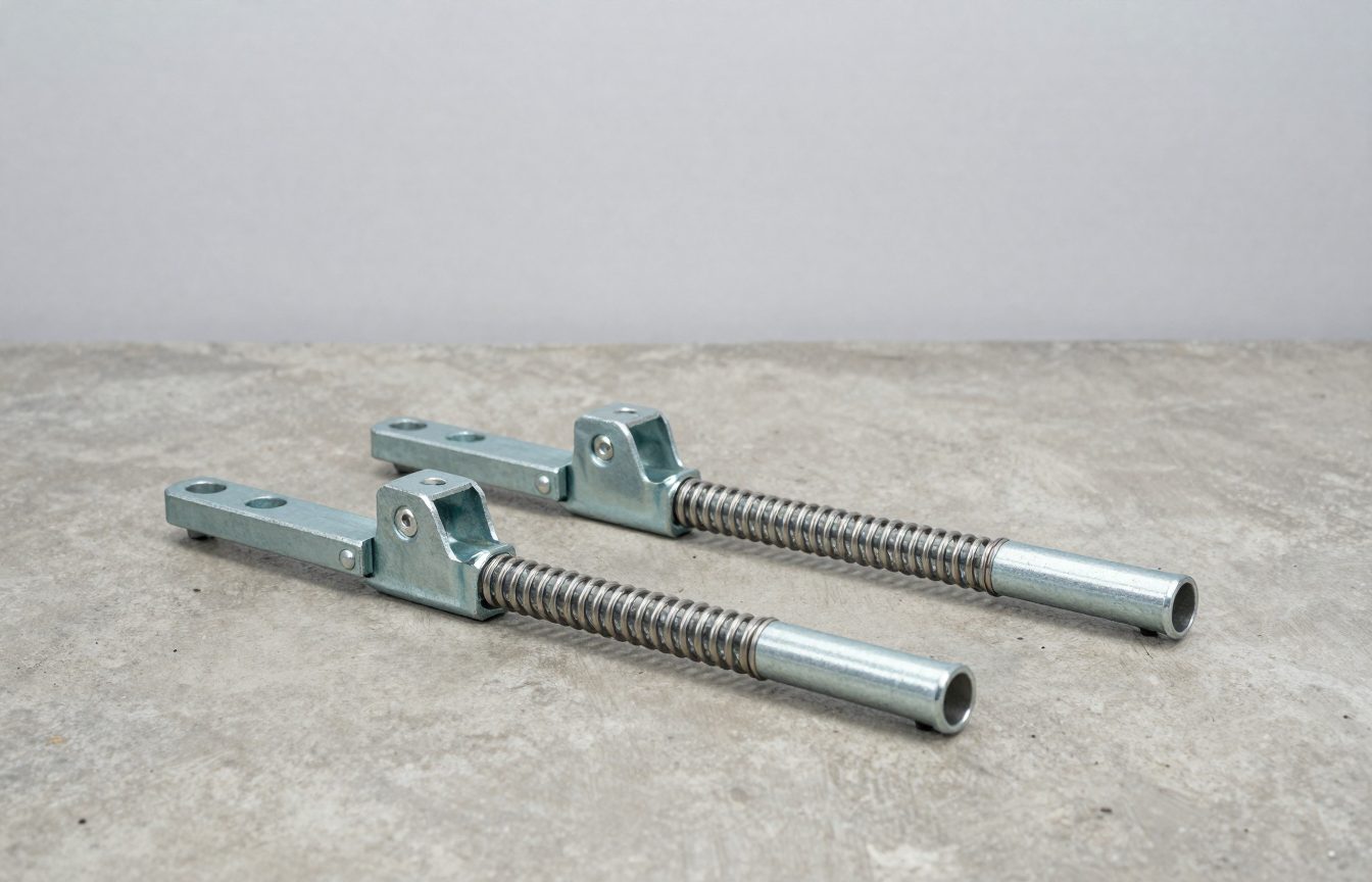 A steel weight distribution hitch for caravan towing: a hitch head with two long spring bars lying on a concrete floor